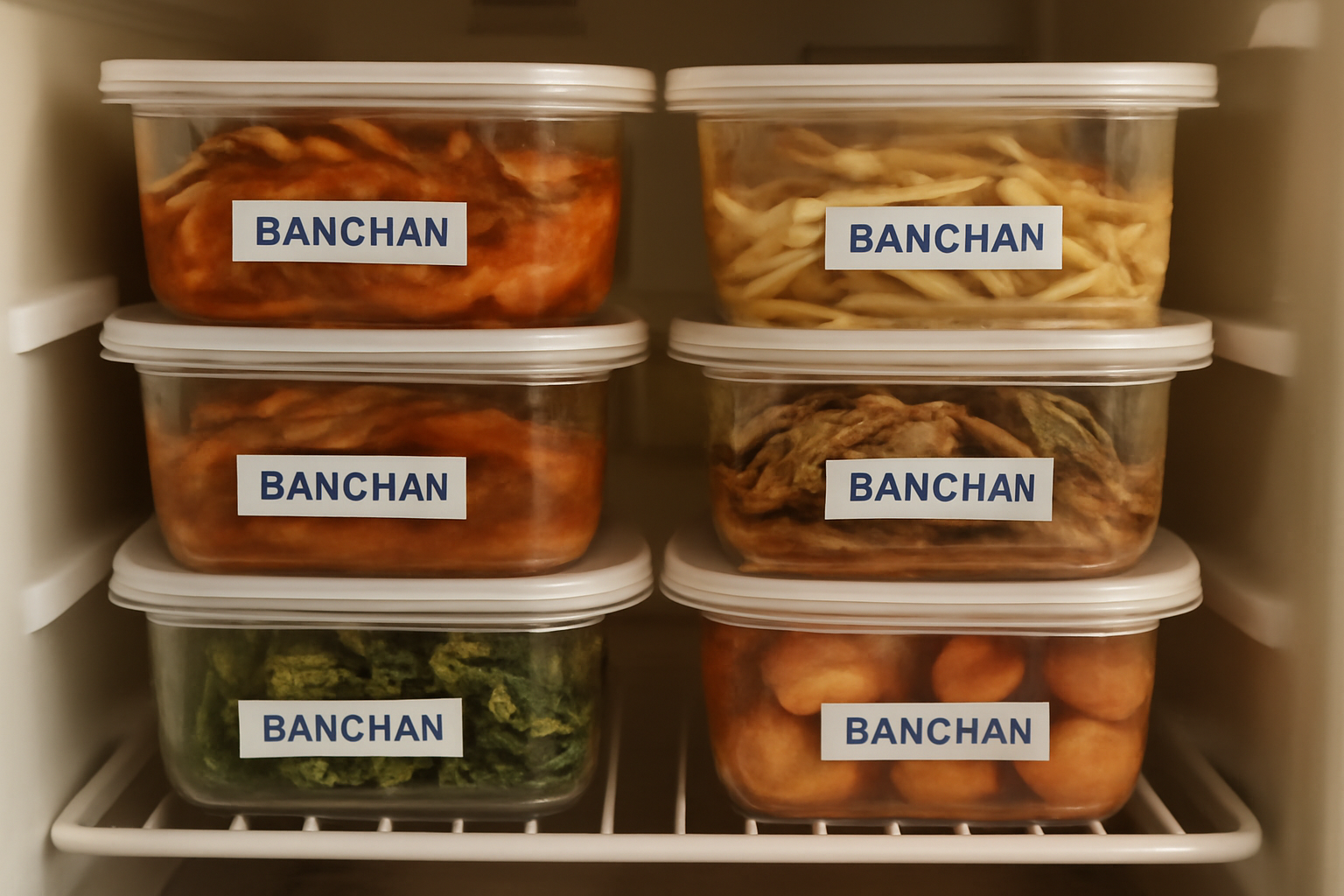Stacked plastic containers of banchan side dishes labeled and stored on a refrigerator shelf