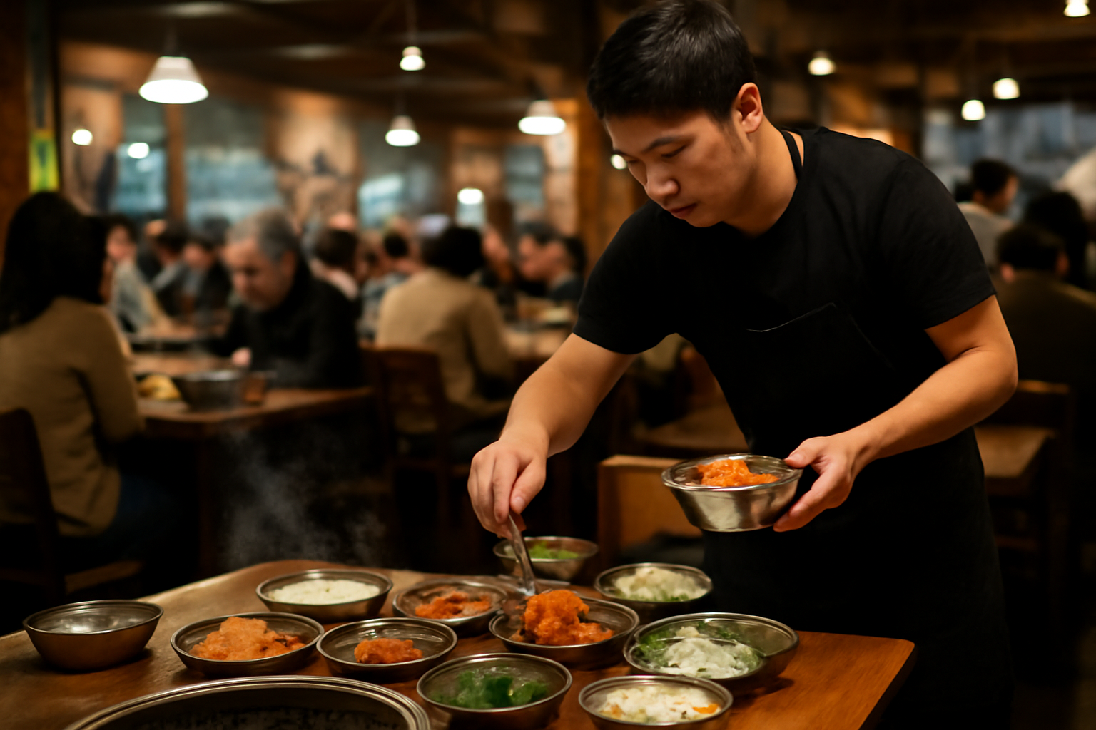 A restaurant worker refilling small metal banchan side dish bowls at a Korean restaurant table