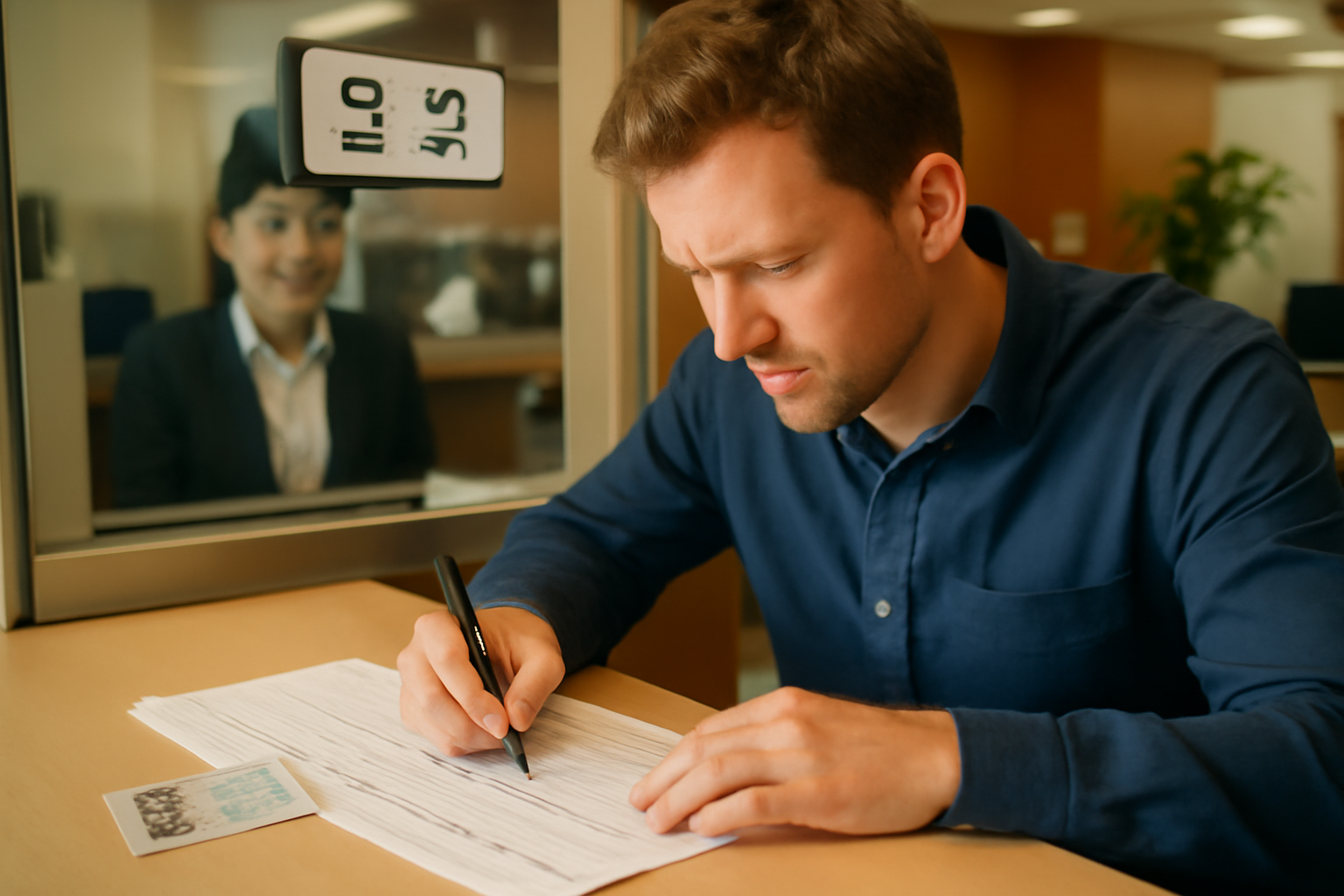 A foreigner filling out paperwork at a bank branch counter in Korea