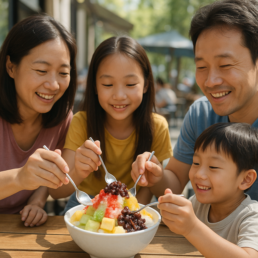 Family sharing a large bowl of Korean shaved ice dessert at a cafe table