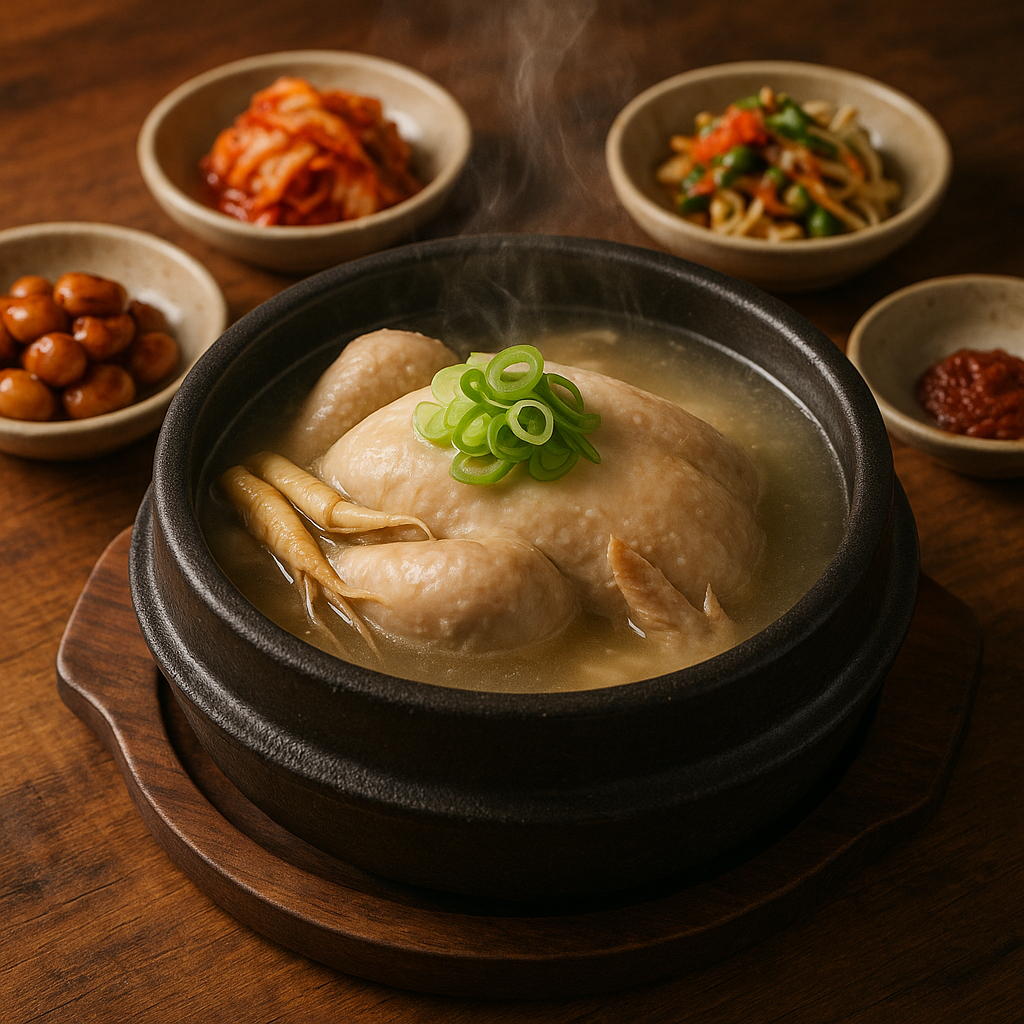 돌솥 삼계탕과 반찬이 차려진 식탁