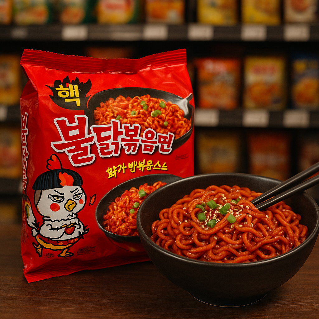 A bag of Korean fire noodles next to a bowl of spicy stir-fried buldak noodles