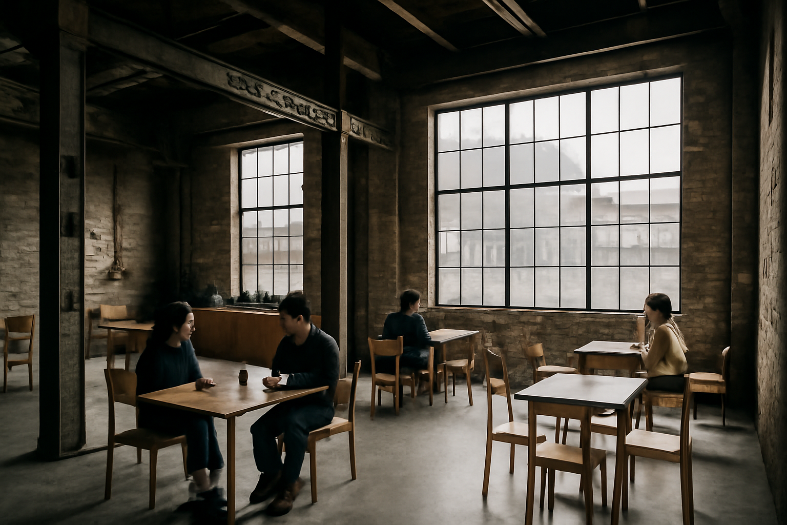 Converted industrial warehouse cafe interior with exposed brick and steel beams