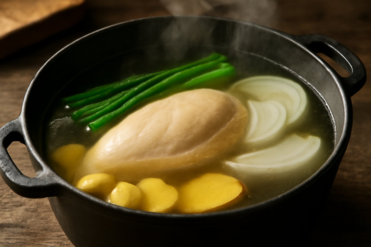 파, 양파, 마늘, 생강을 넣고 끓이는 닭육수 냄비