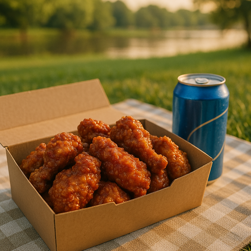 A box of Korean fried chicken and a cold can of beer set on a checkered picnic mat with a green riverside park in the background