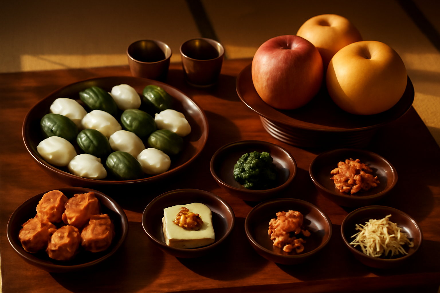 A charye-style ancestral rite table set with songpyeon rice cakes and fruit for Chuseok