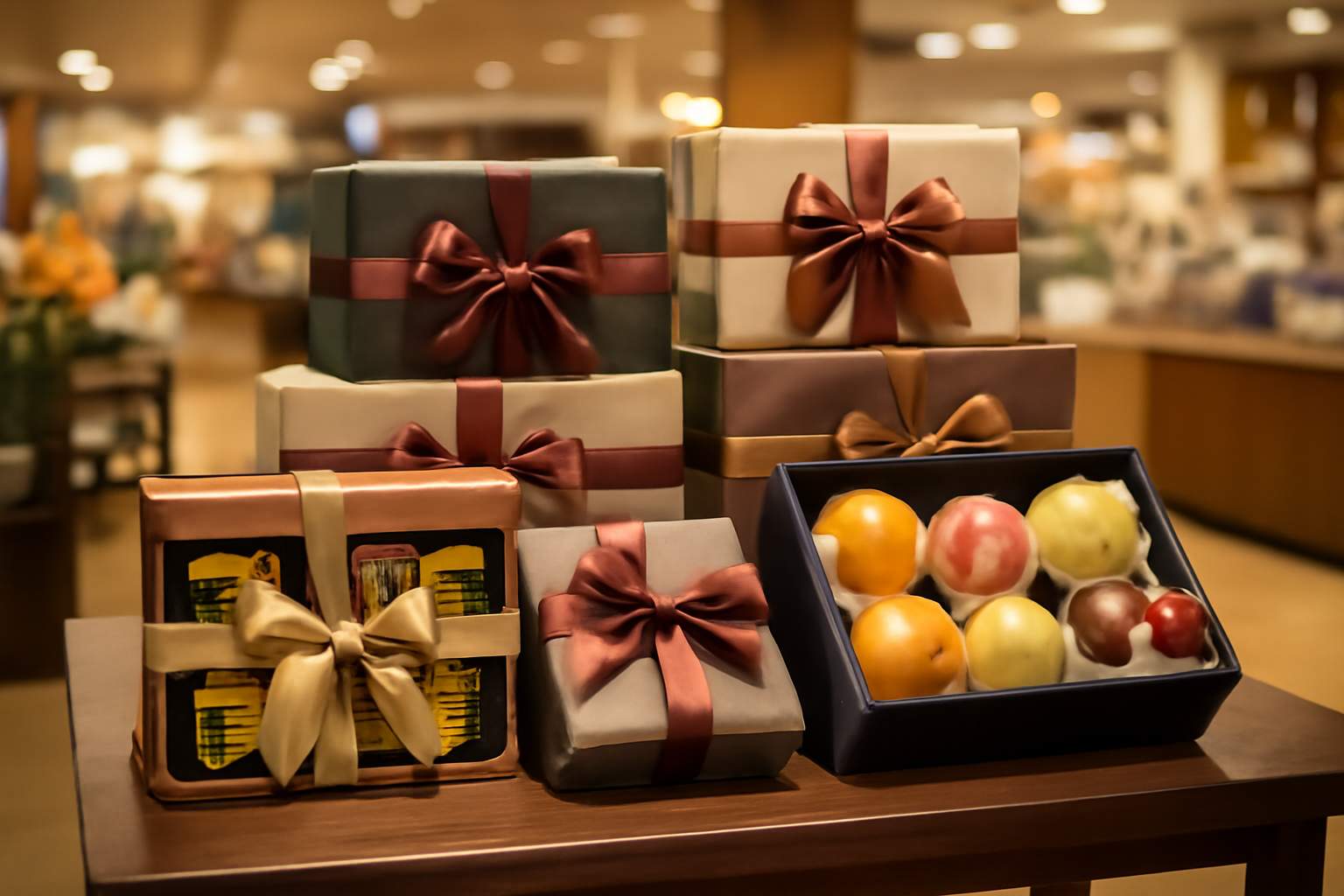 Wrapped Korean holiday gift boxes including a fruit gift set displayed on a table