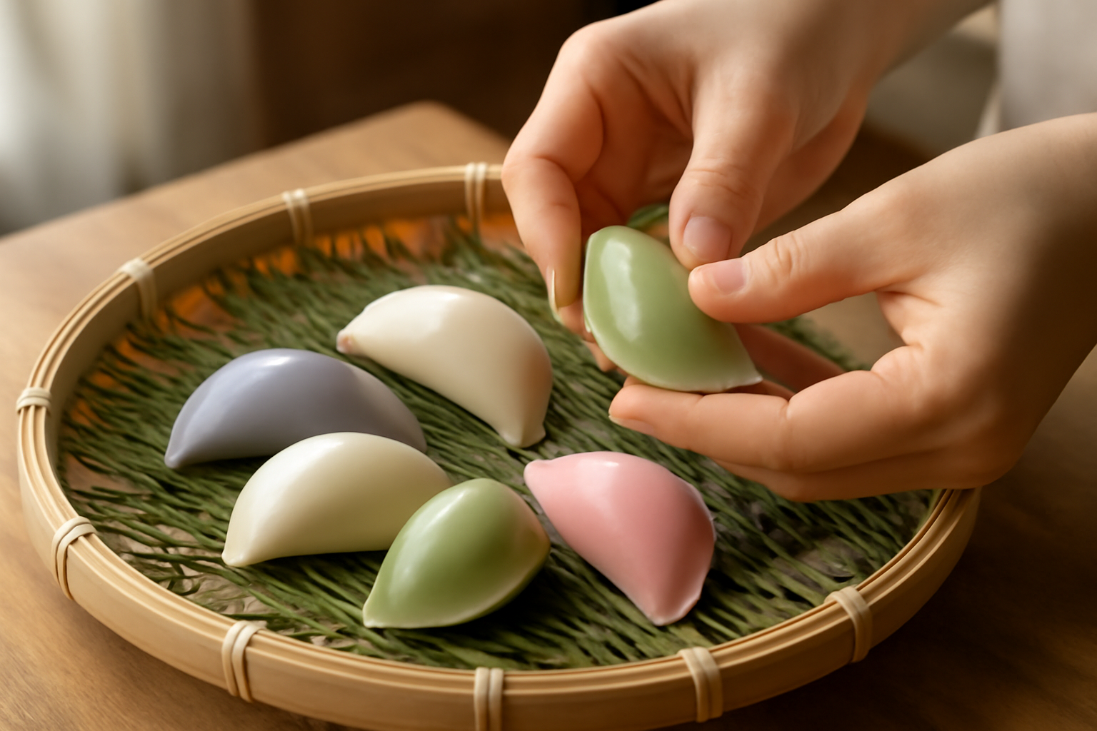 Hands shaping half-moon shaped songpyeon rice cakes on a bamboo tray with pine needles