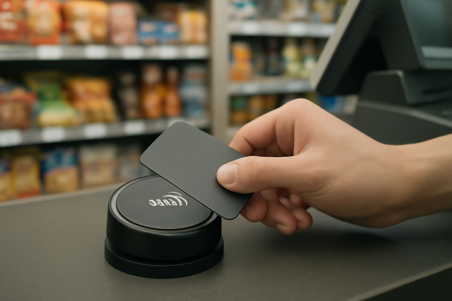 A hand tapping a transit card at a convenience store checkout counter