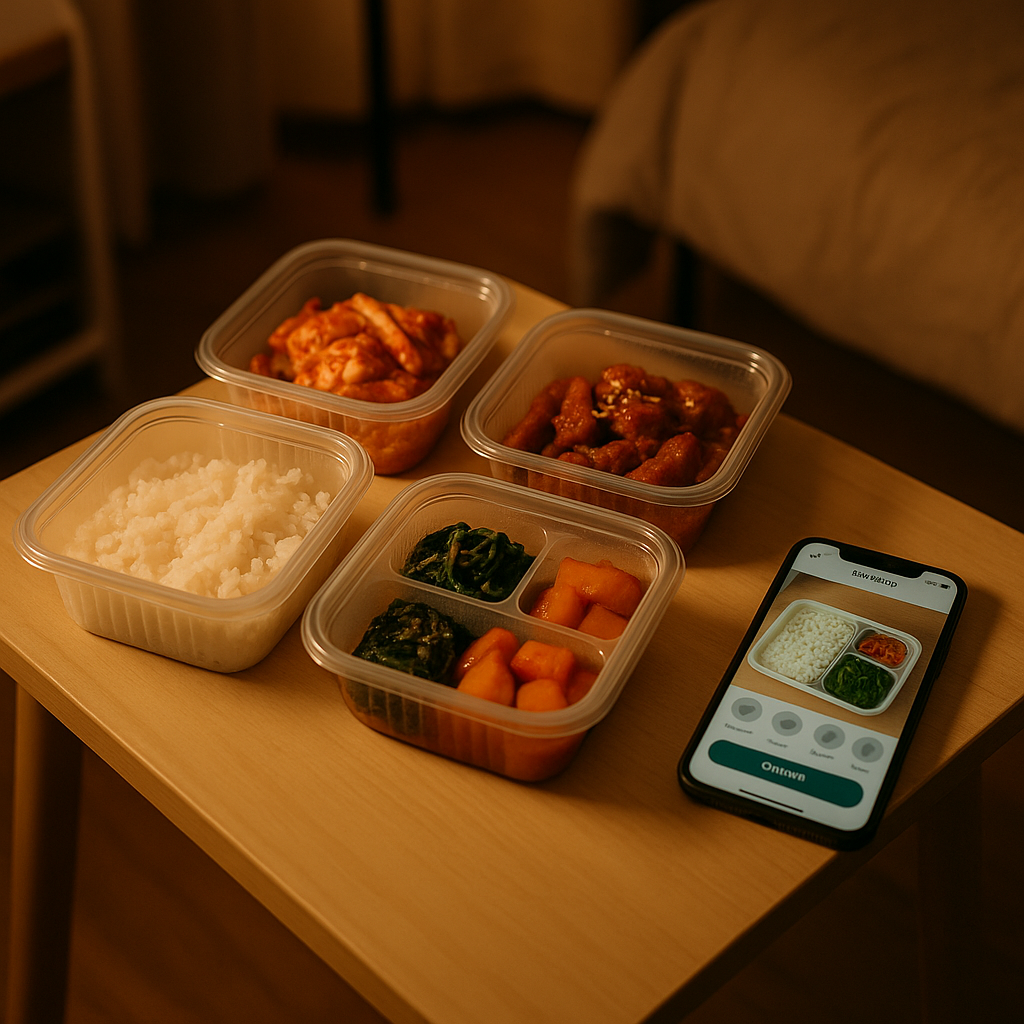 자취방 테이블 위에 놓인 배달 음식 용기와 스마트폰