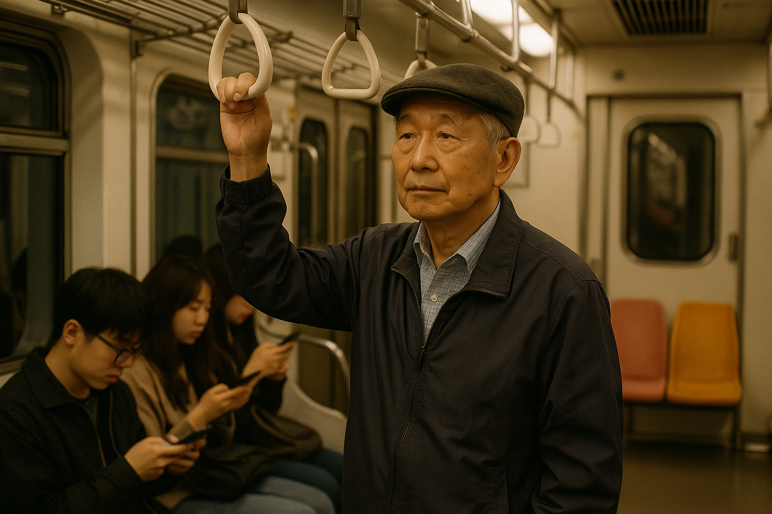 An elderly man standing and holding a subway strap while younger passengers sit nearby looking at their phones