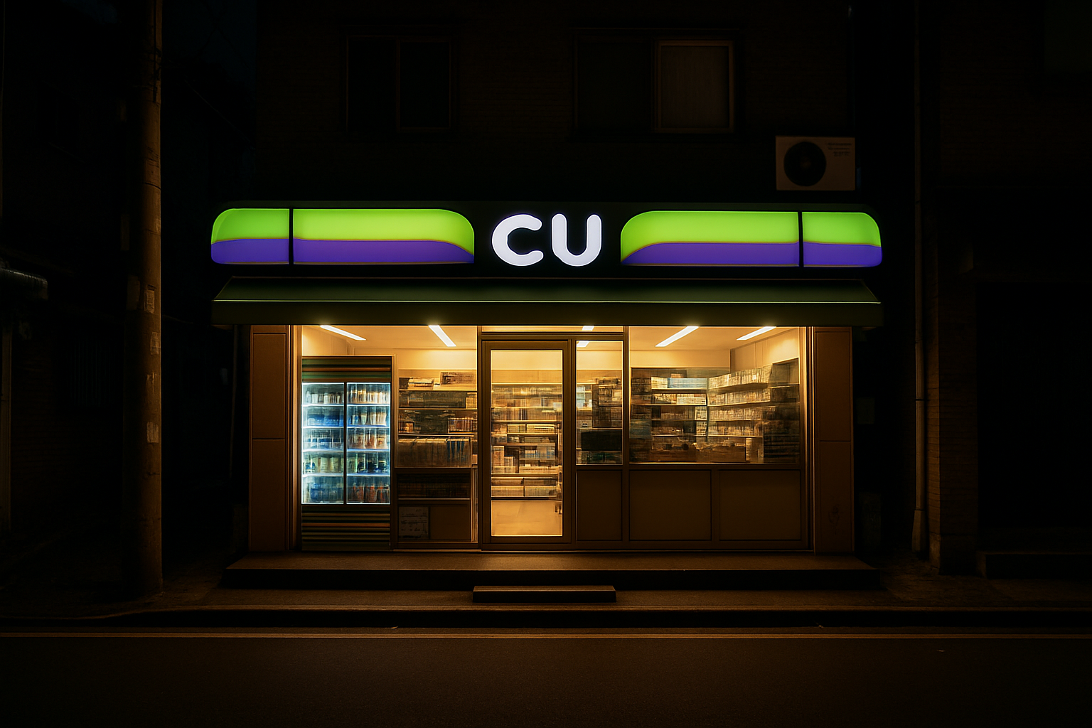 Illuminated convenience store storefront at night in a Seoul neighborhood