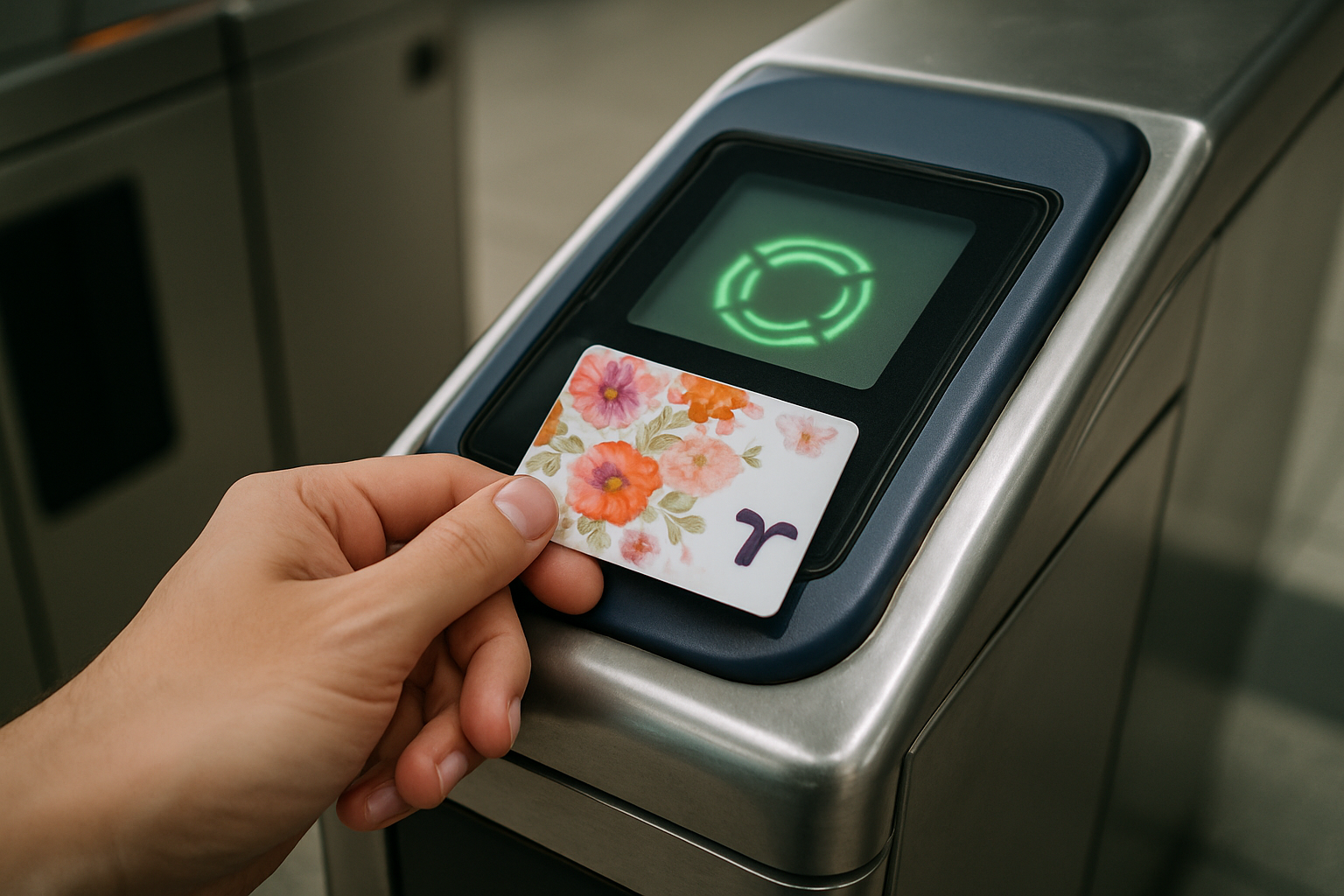 T-money transit card tapping on a Seoul subway turnstile reader