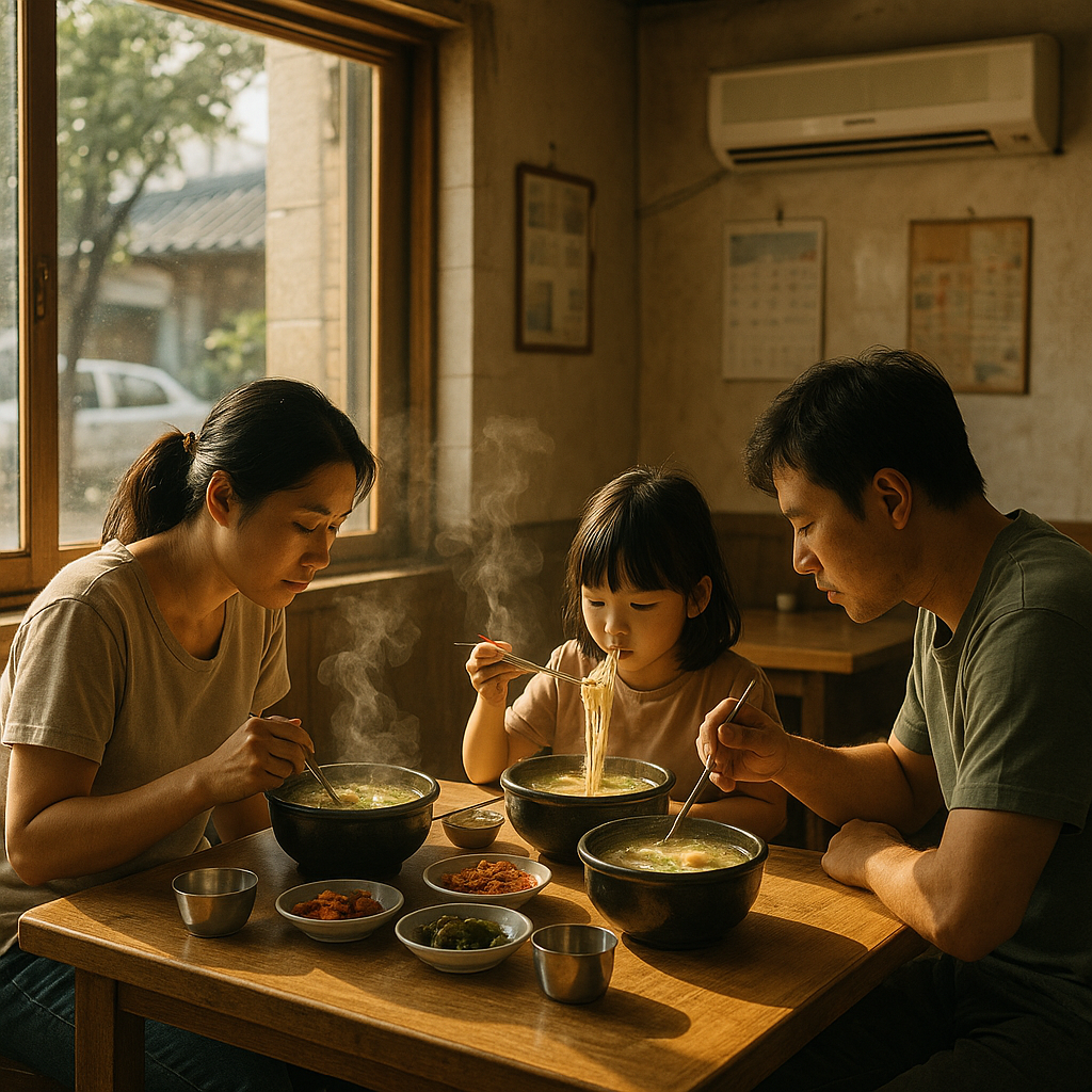 Family eating hot soup in a Korean restaurant on a summer day