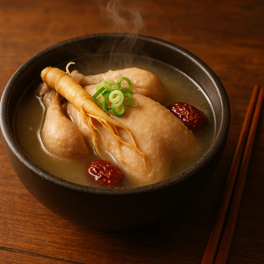 Close-up bowl of Korean ginseng chicken soup samgyetang with steam