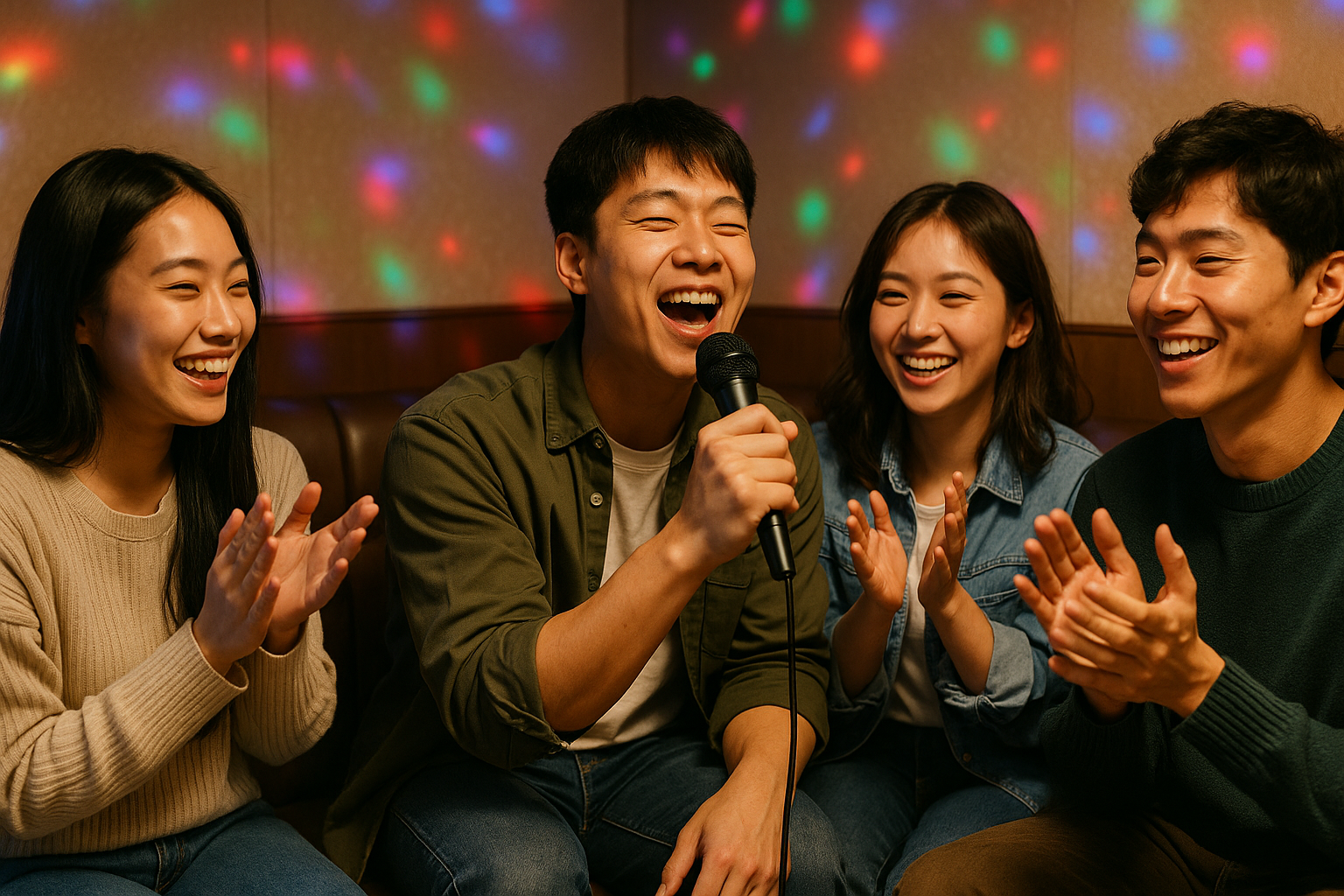 Friends singing and clapping together in a Korean karaoke room