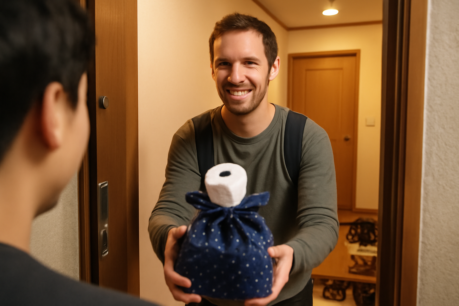 A guest smiling and handing over a wrapped toilet paper roll gift at the entrance of a Korean apartment