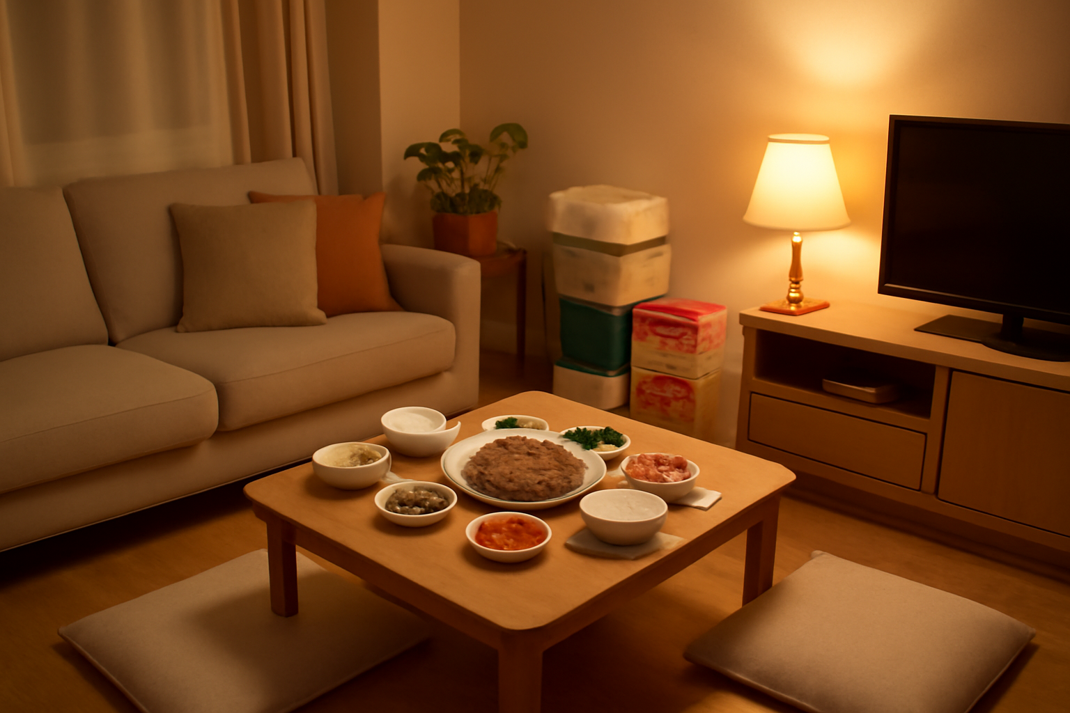 Cozy Korean living room set up for a housewarming gathering with Korean side dishes and stacked gifts nearby