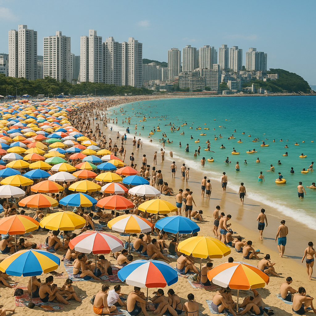 A packed Korean beach covered with rows of colorful umbrellas during peak summer vacation week