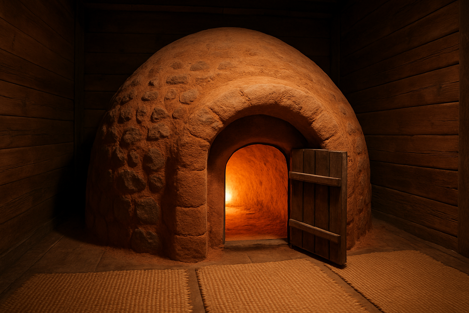 Traditional Korean clay dome hanjeungmak kiln sauna room with wooden door