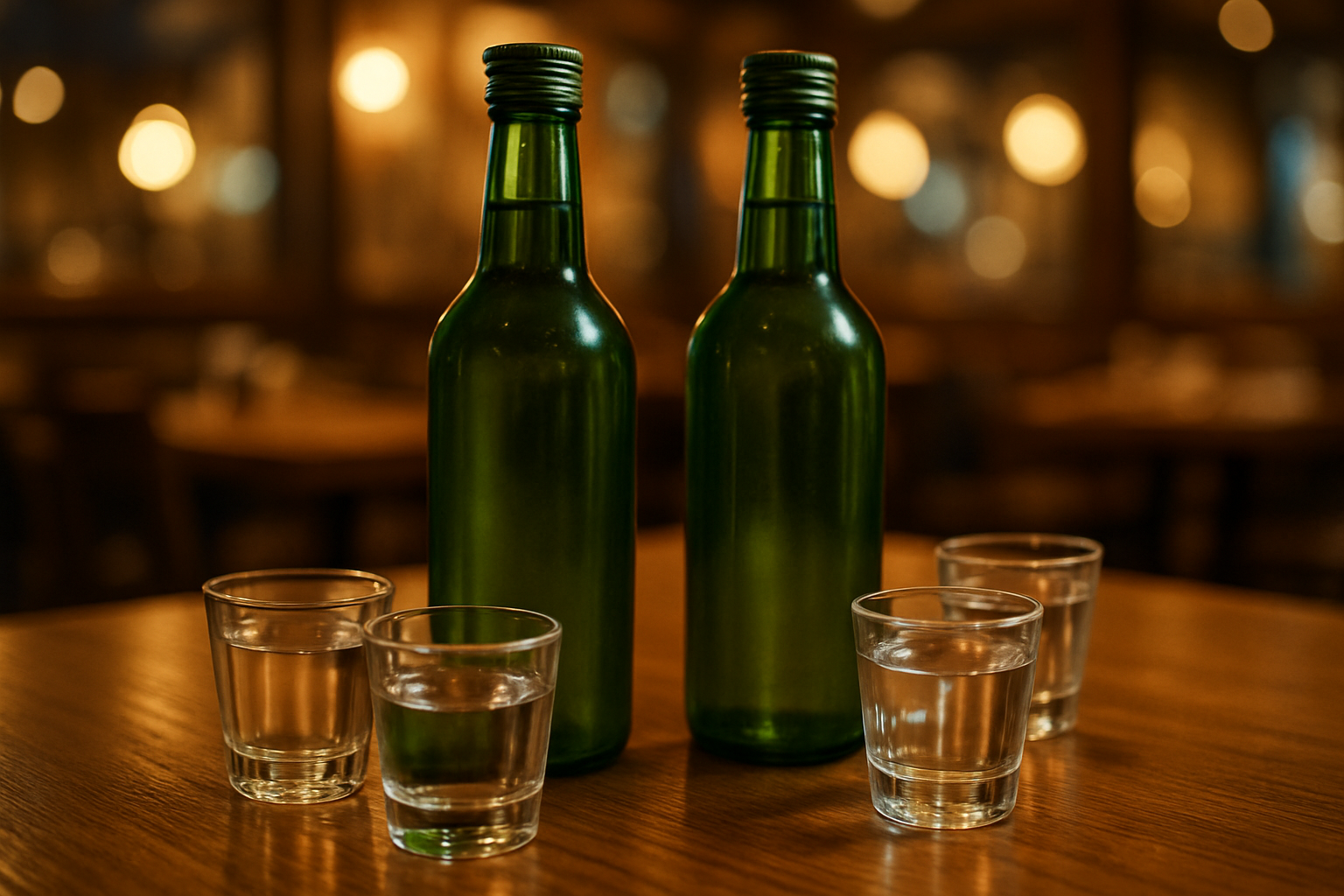 Soju bottles and glasses on a restaurant table during a hoesik