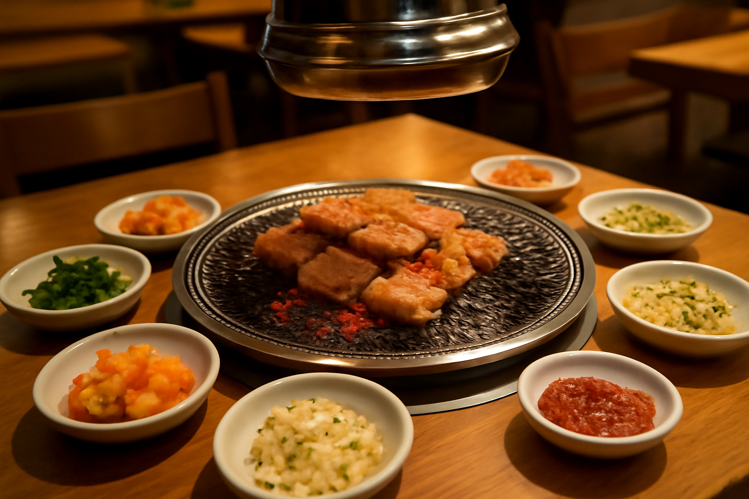 A Korean barbecue grill loaded with meat surrounded by small side dishes on a wooden table