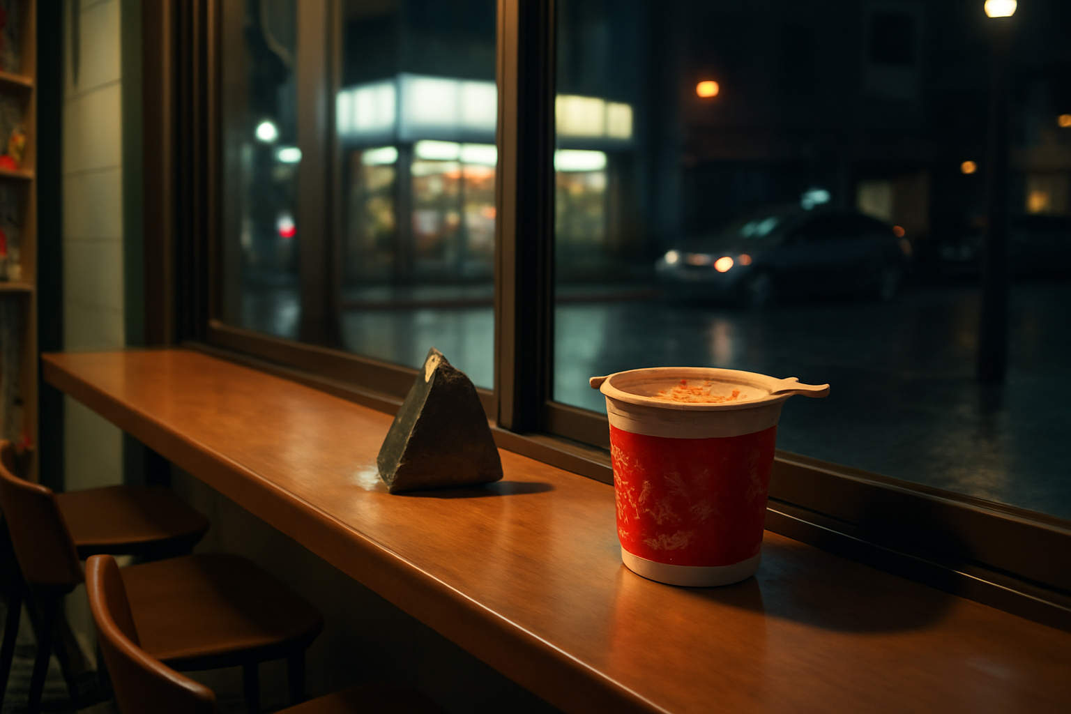 A convenience store counter at night with a triangle kimbap and a cup of instant noodles, city street visible through the window