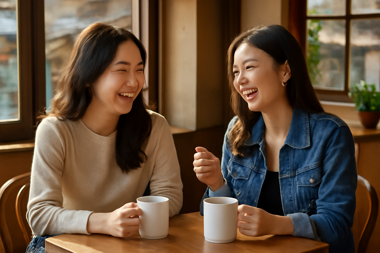 Two close friends laughing and chatting casually over coffee at a cafe