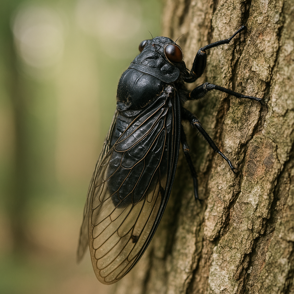 Close-up of a large black Korean cicada clinging to tree bark