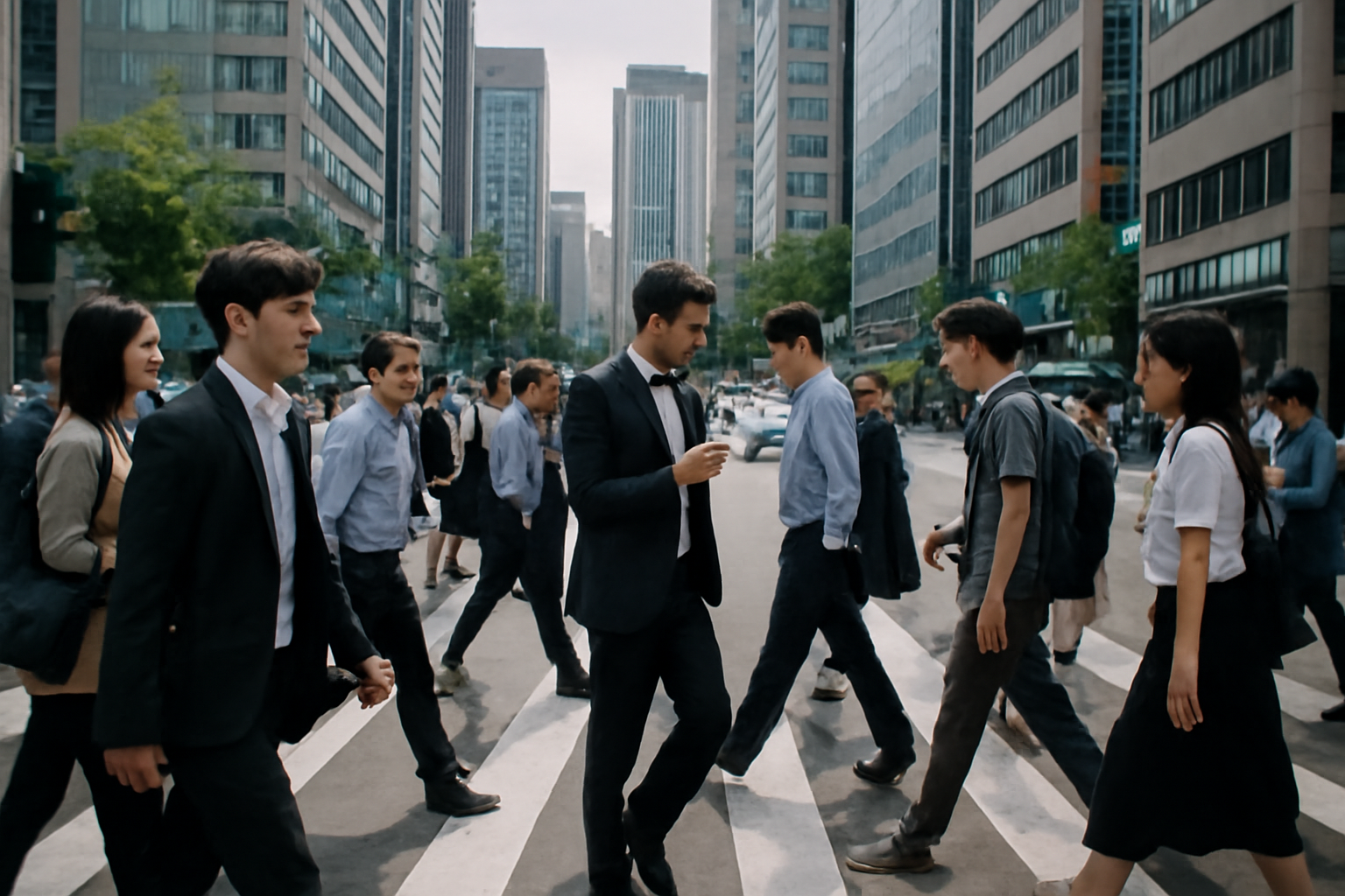 Pedestrians crossing a busy street in a Korean city
