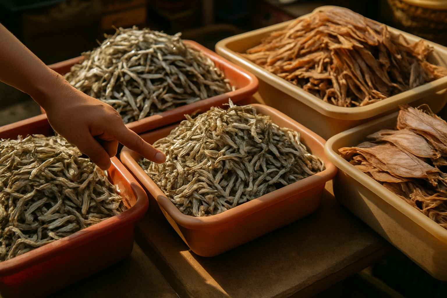 Dried seafood and side dishes for sale at a Korean market stall