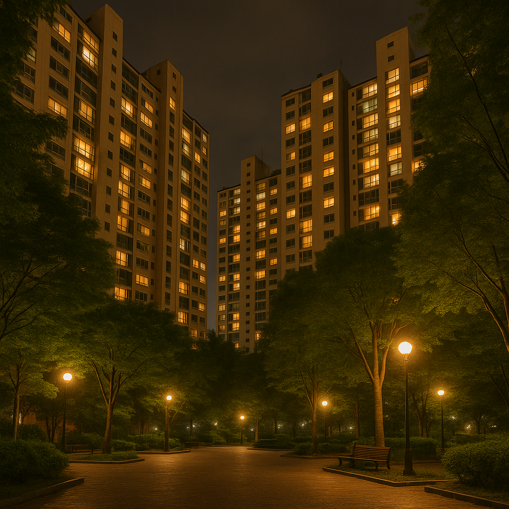 South Korean apartment complex courtyard lit up at night in summer