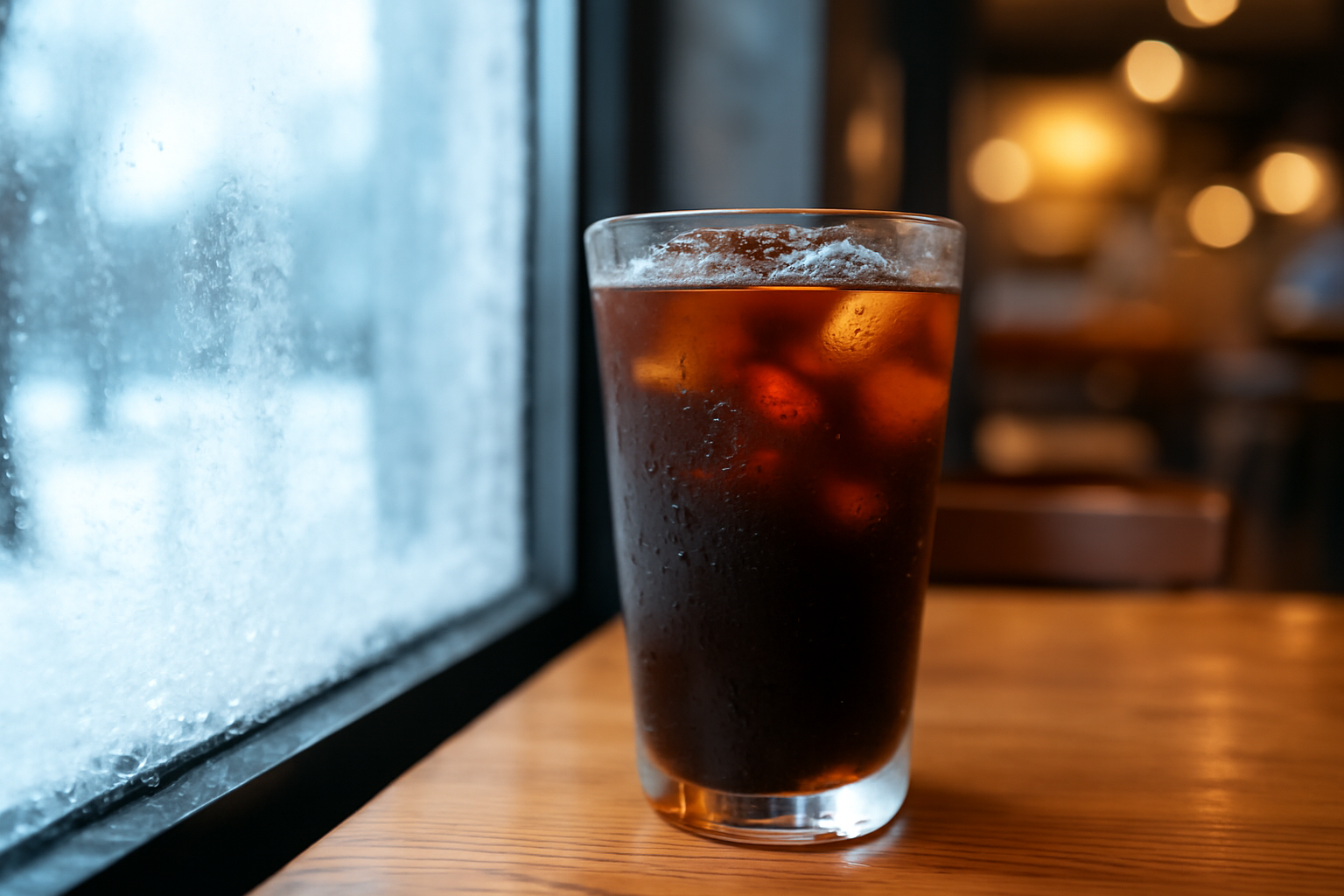 Iced Americano coffee cup on a cafe table