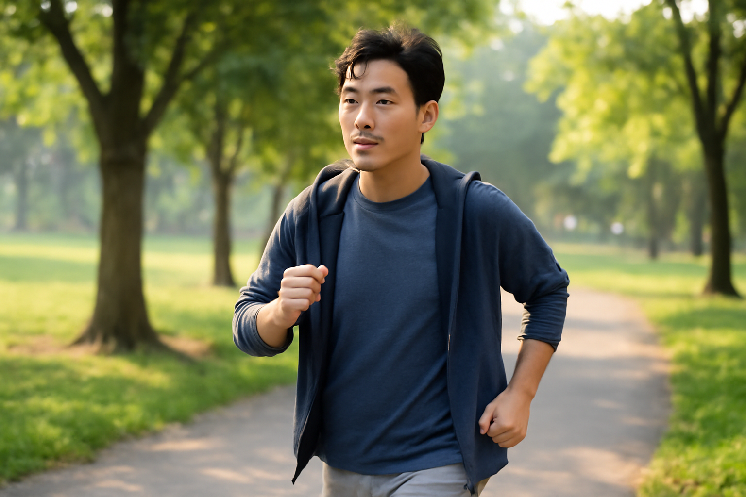 공원에서 빠르게 걷기 운동을 하는 40대 남성