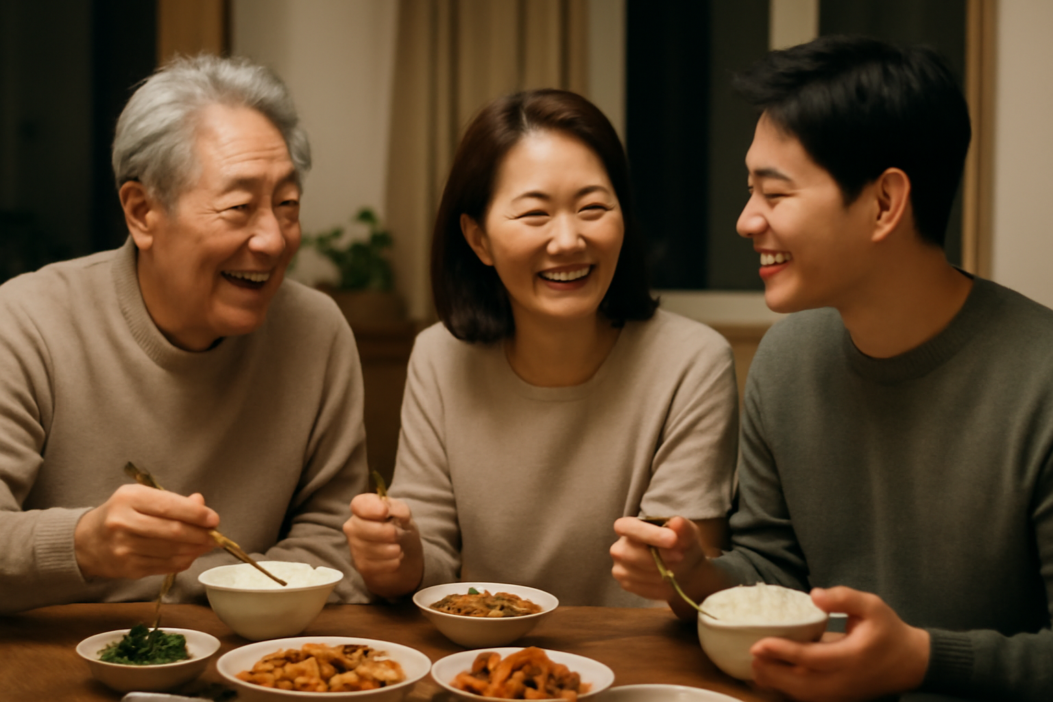 Three generations of a Korean family sharing a meal together at home