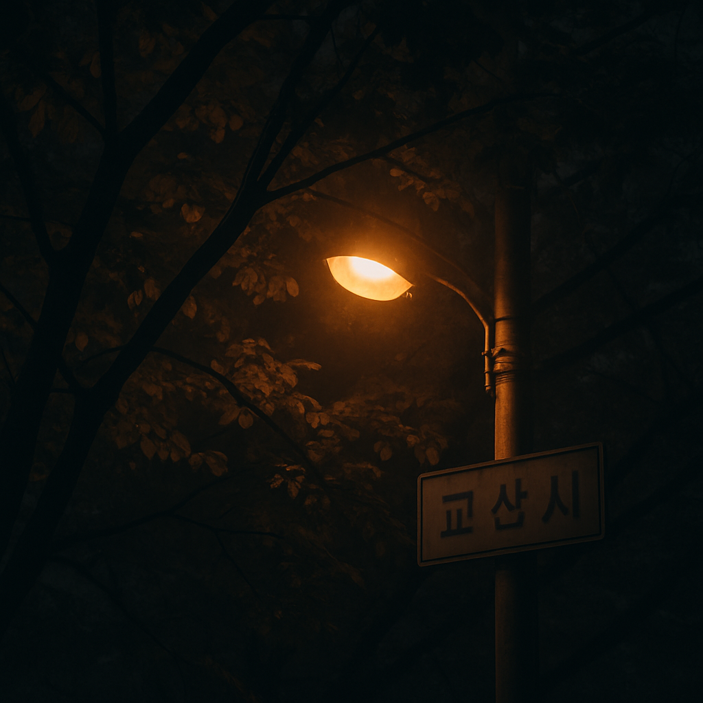 Streetlight glowing through dense summer tree branches at night in a Korean city