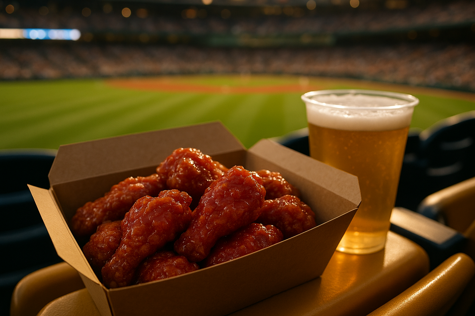 fried chicken and beer served at a baseball stadium seat