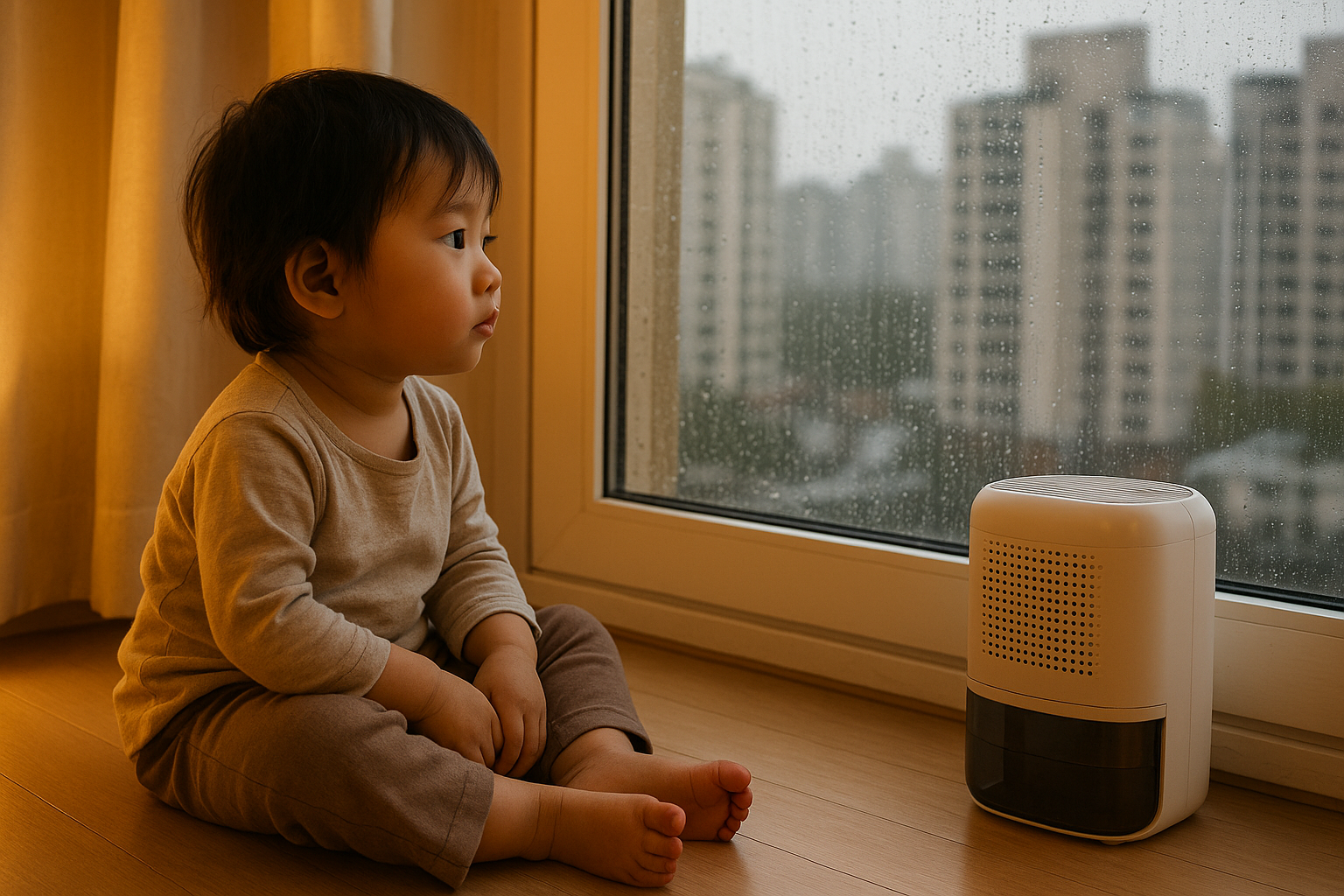 A young child looking out a rain-streaked window with a dehumidifier running nearby