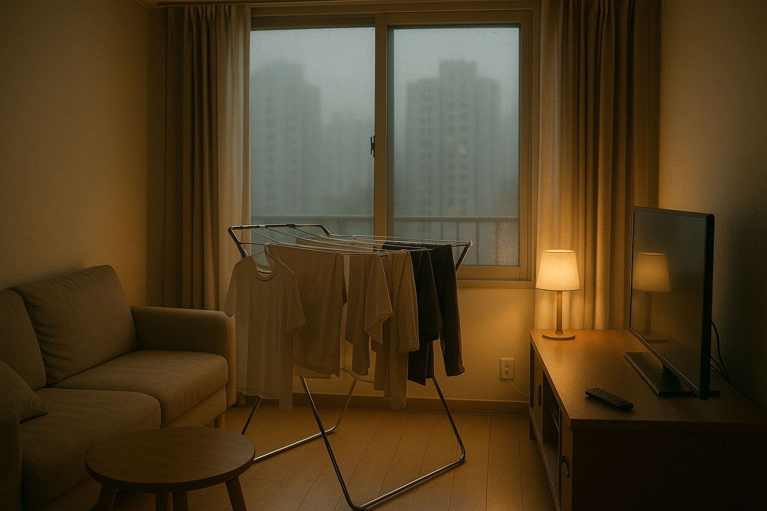 Laundry hanging to dry on an indoor drying rack in an apartment during humid weather