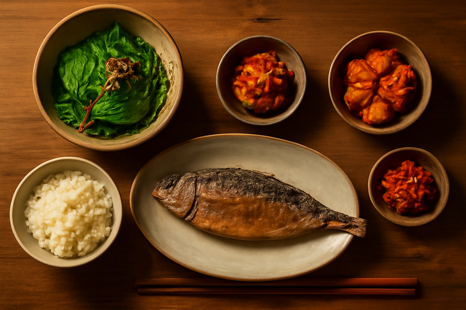 전어구이와 밥, 밑반찬을 차린 한 상