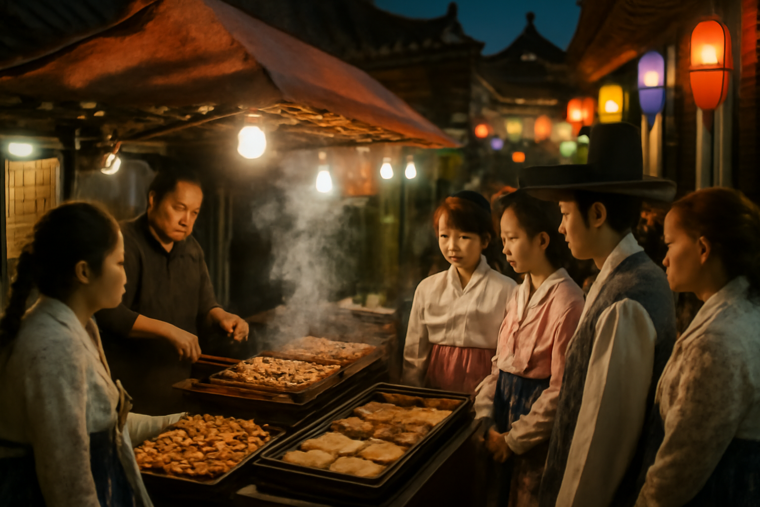 전주 한옥마을 골목에서 꼬치와 간식을 파는 길거리음식 노점