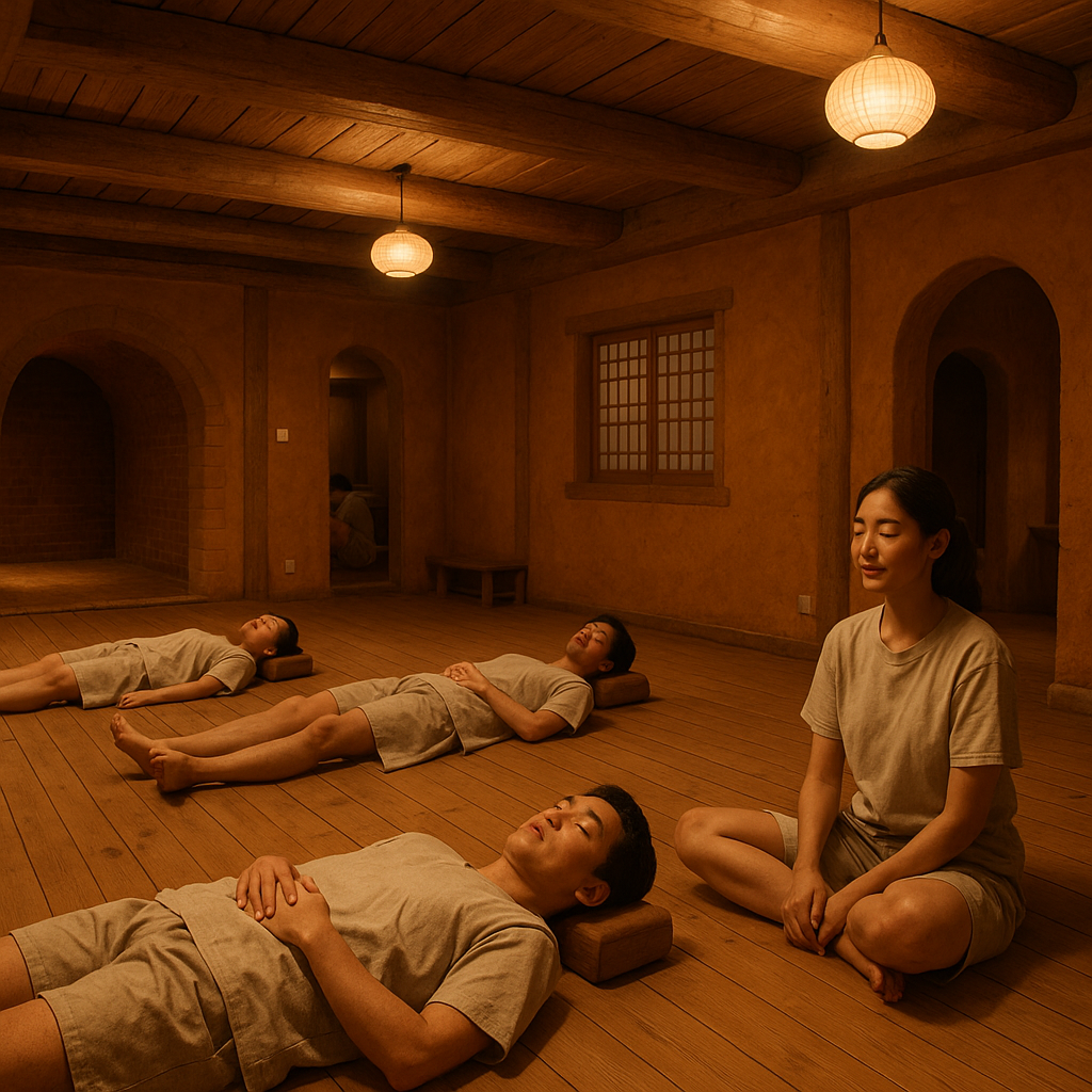 Warm wood-lined jjimjilbang common room with heated floor mats and wooden pillows