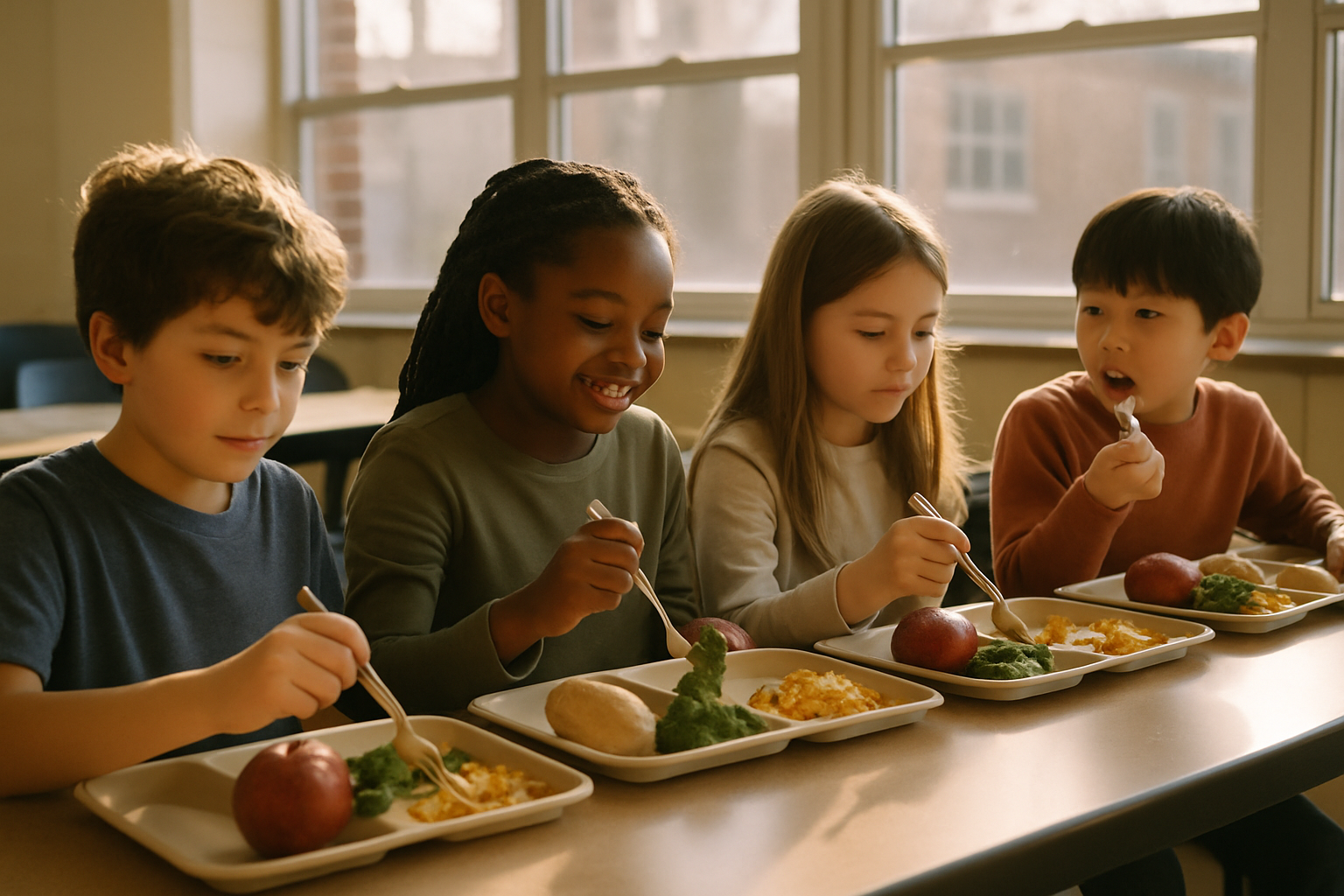 Children eating lunch together at a school canteen table