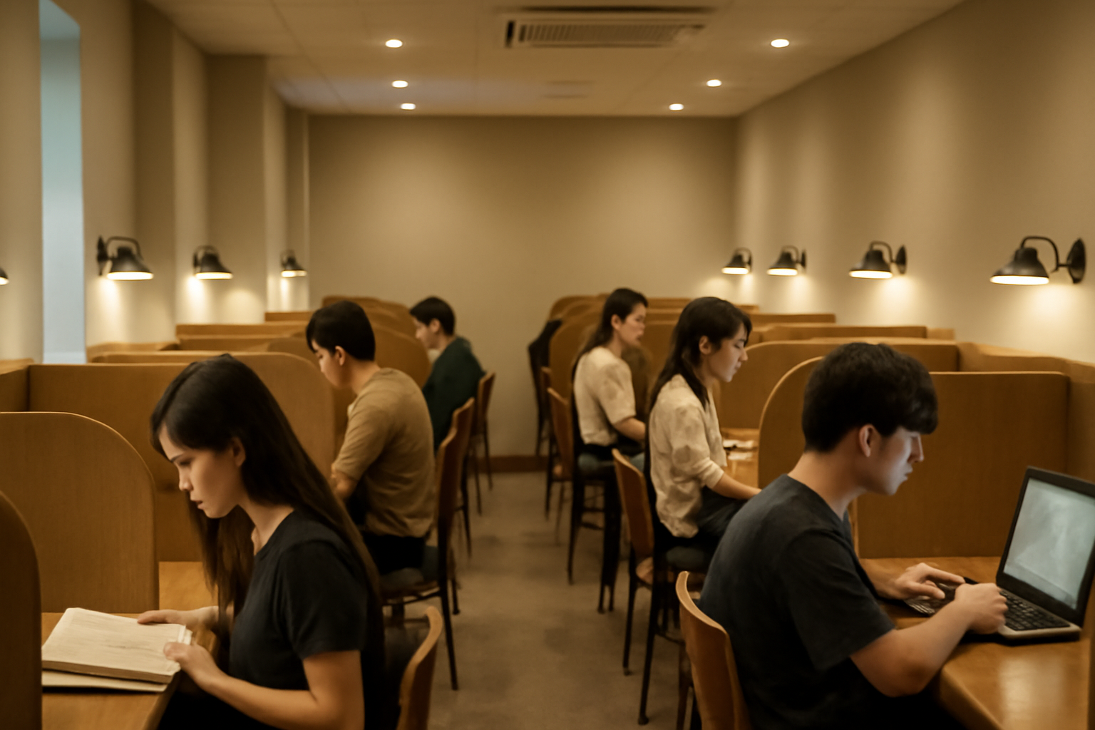 Rows of individual desks in a Korean pay-by-hour study cafe