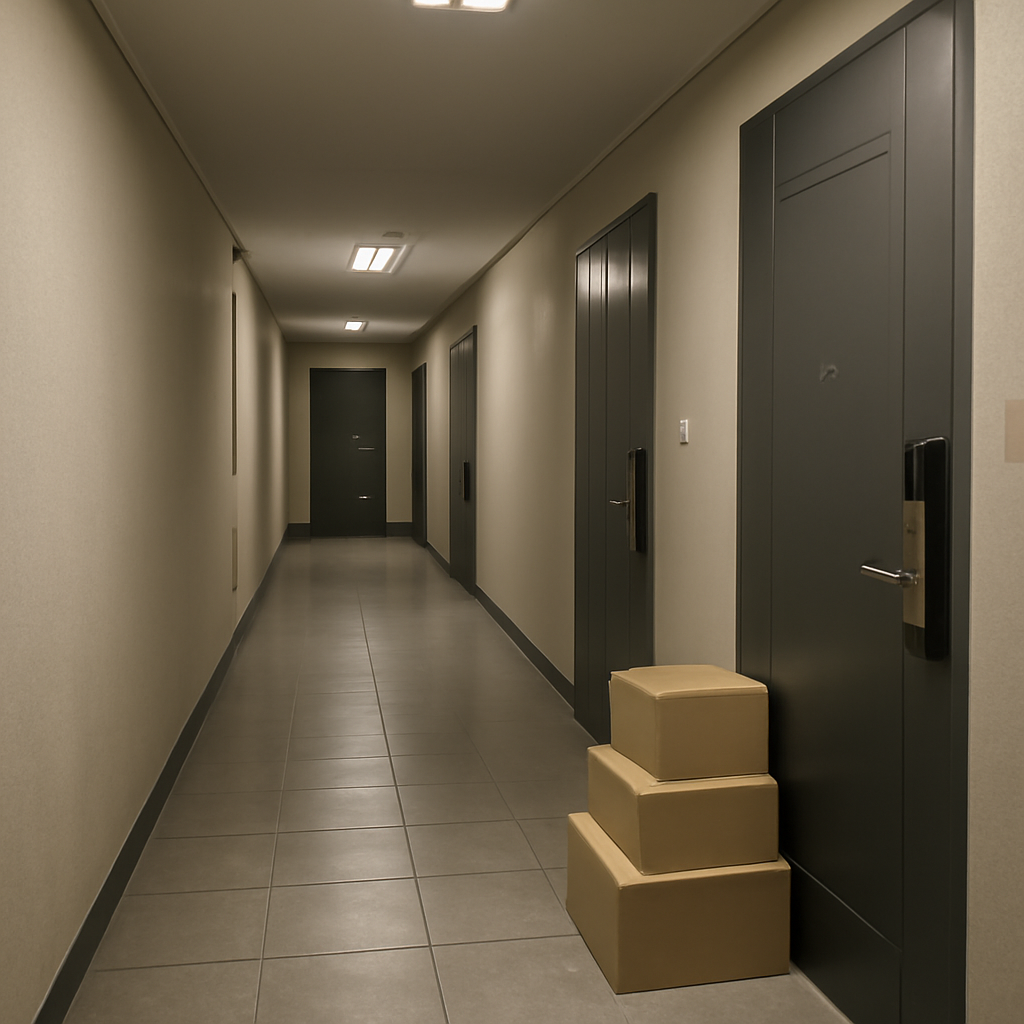A quiet apartment hallway in Korea with delivery boxes stacked neatly outside a door