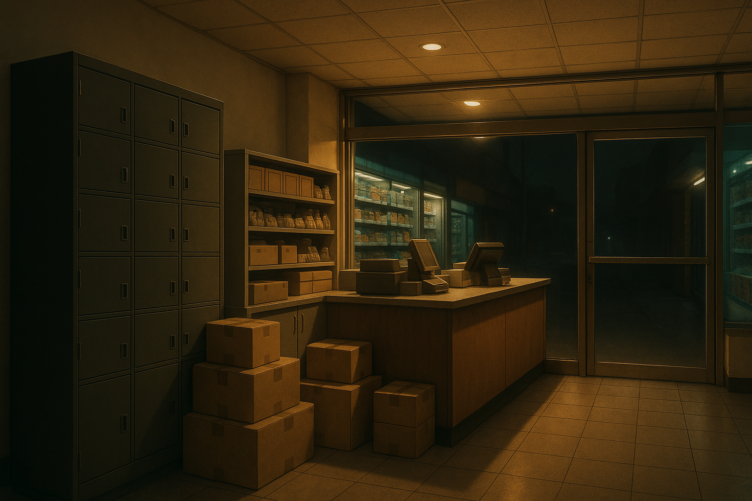 Interior of a Korean convenience store at night with parcel lockers and boxes ready for pickup
