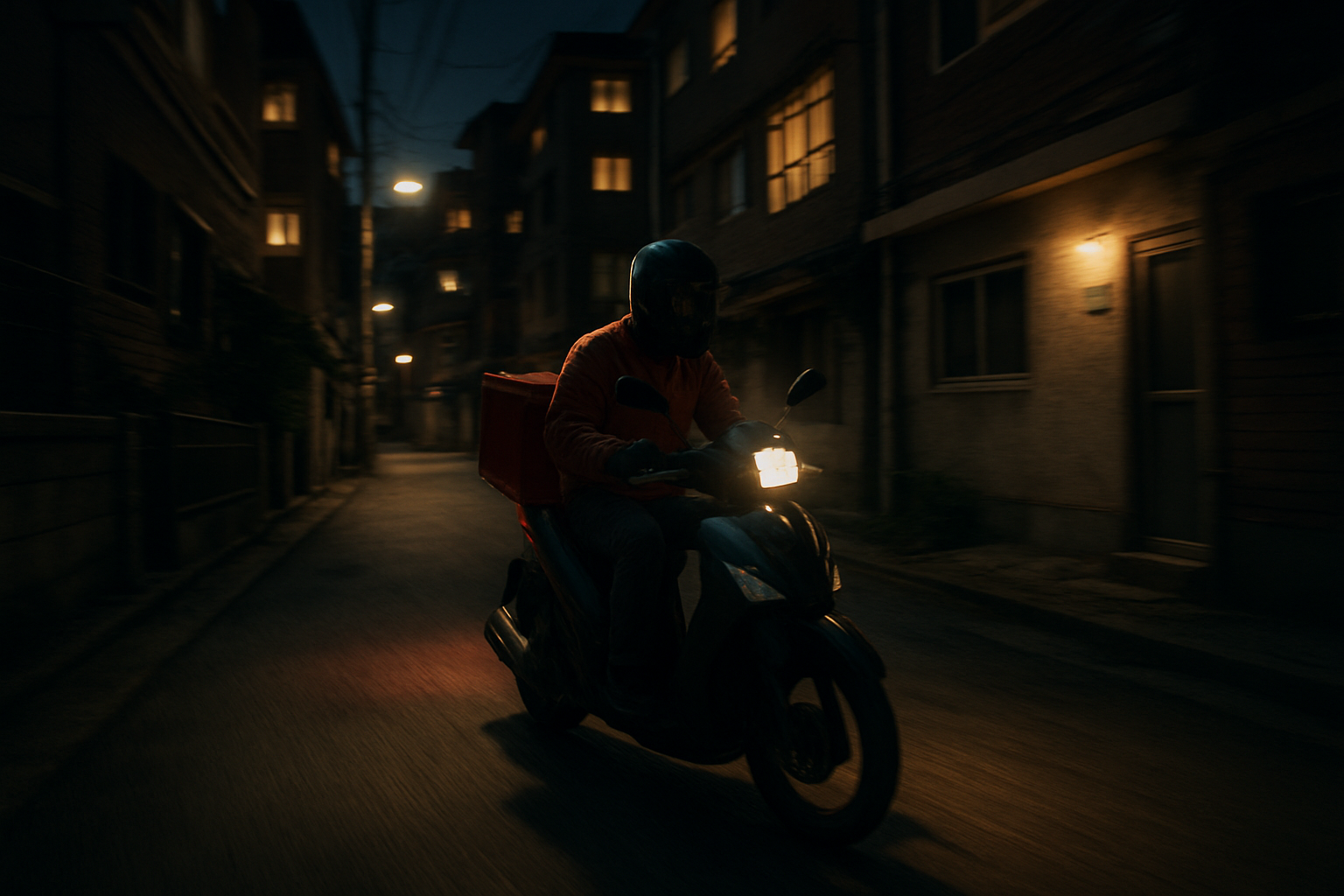 A delivery rider on a scooter moving through a quiet Seoul alley at night