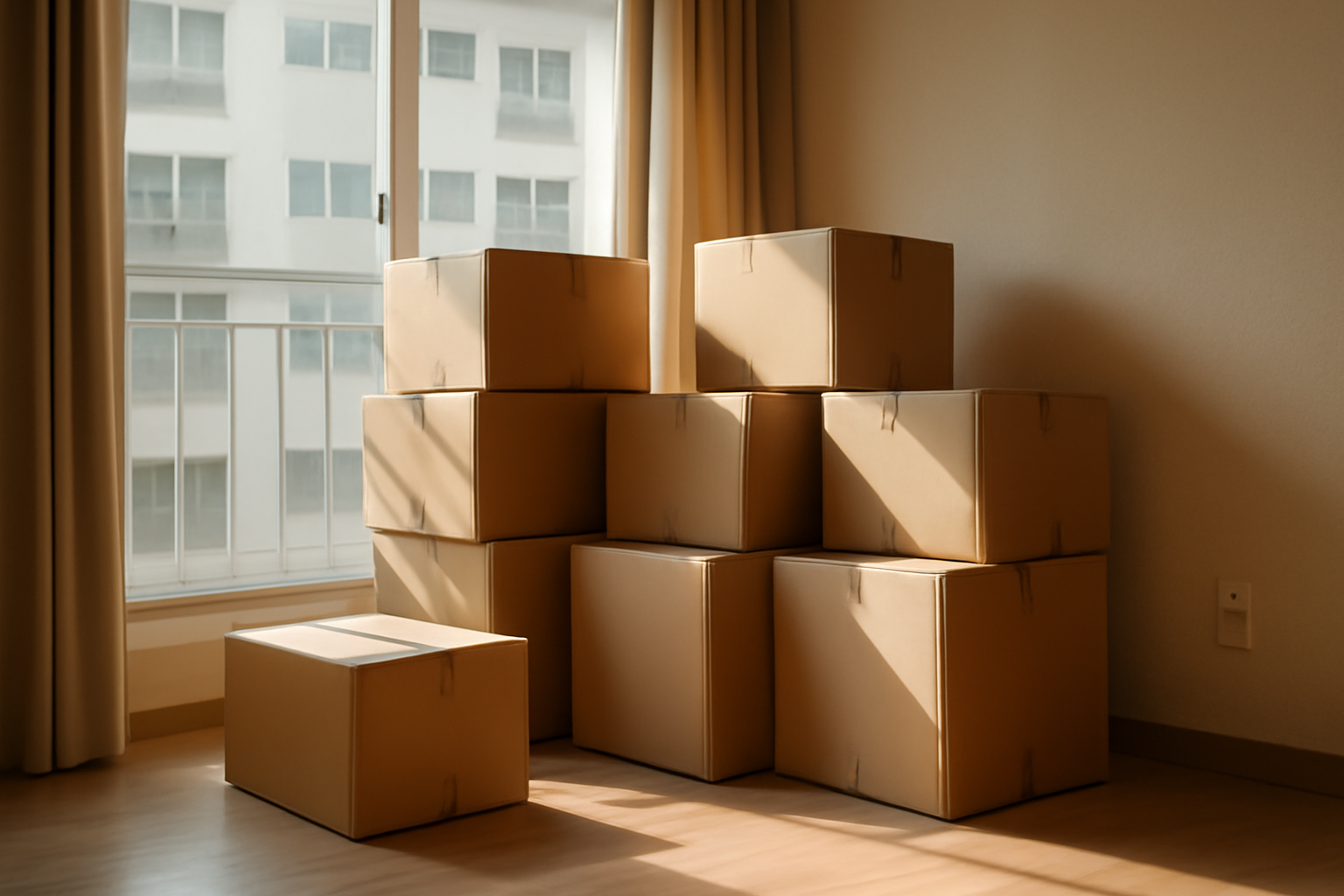 Moving boxes stacked inside a small Korean apartment near a sunny window