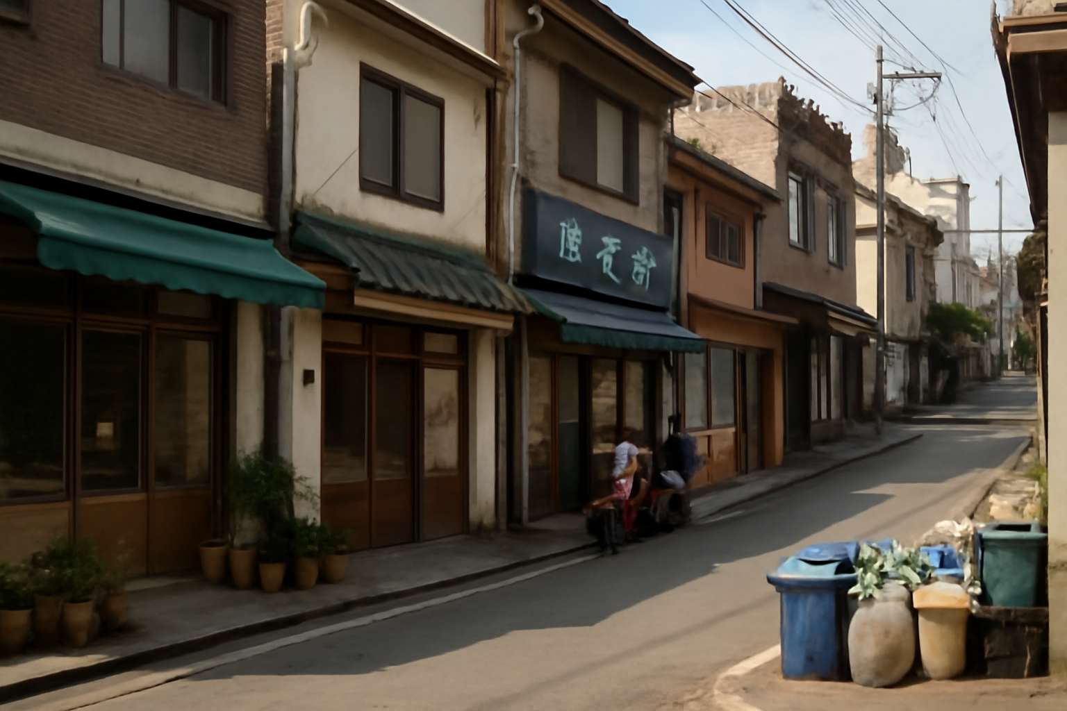 A Korean residential neighborhood street with shops, a delivery scooter, and recycling bins