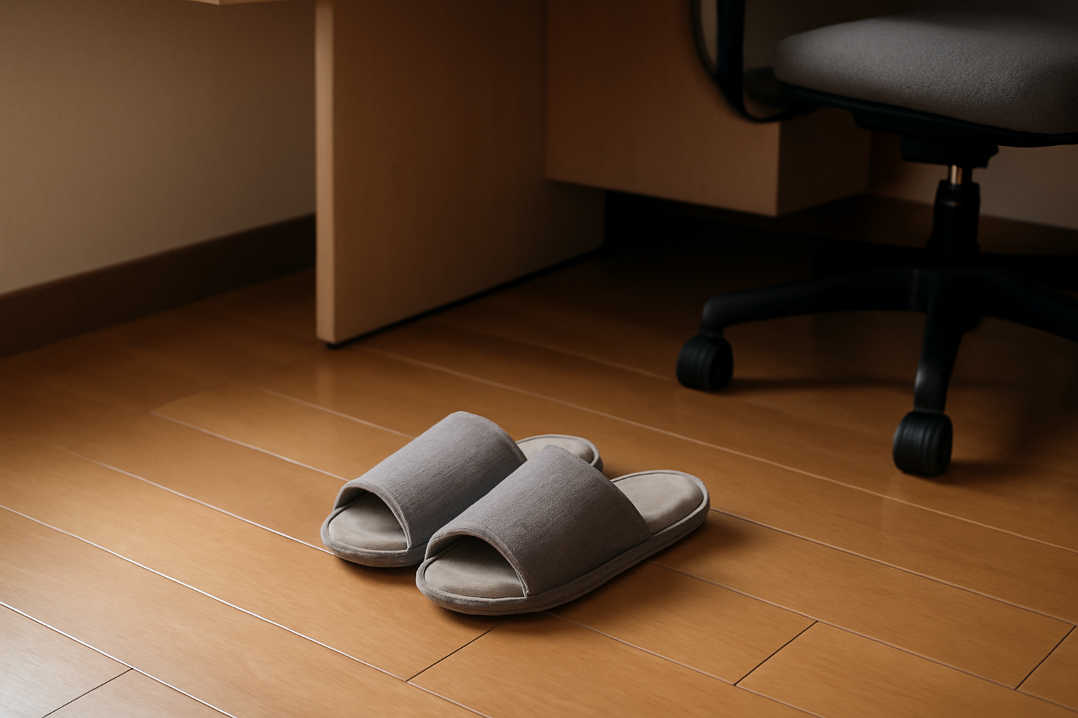 A pair of indoor slippers left by a desk in a Korean office